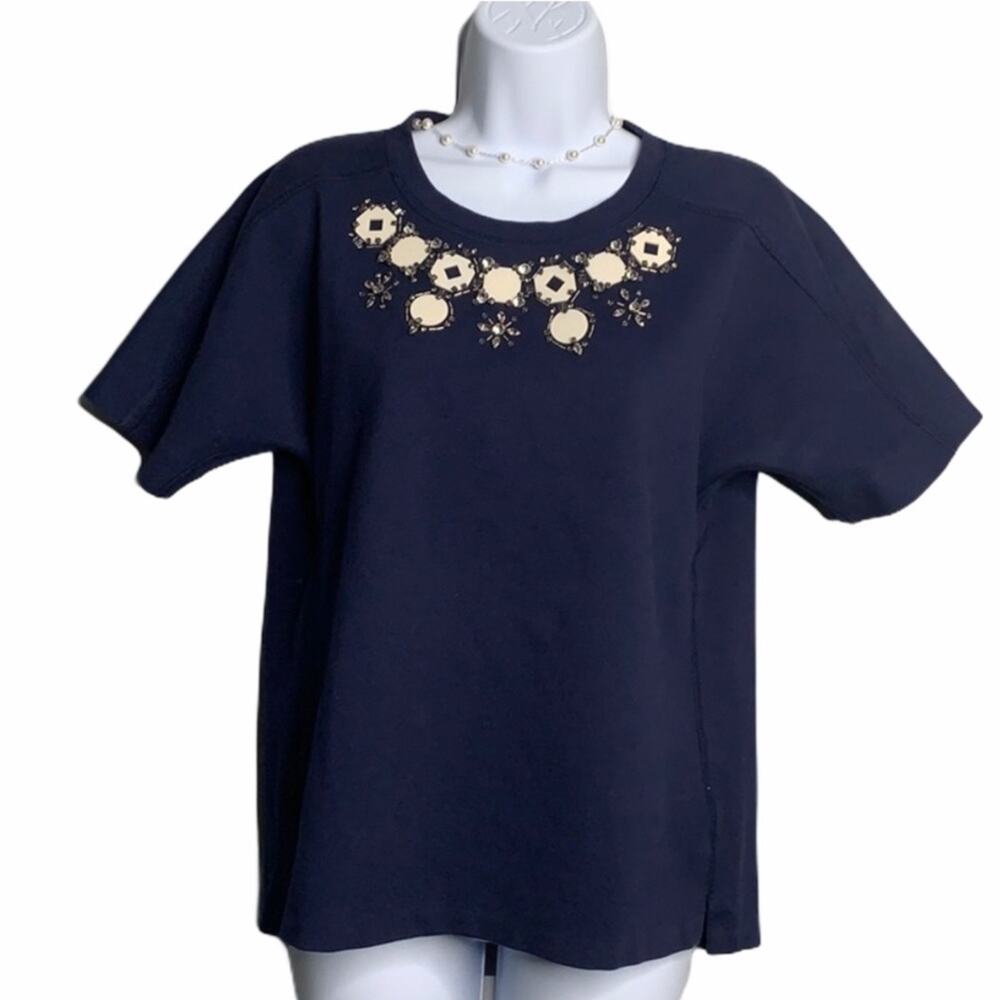 J.Crew Navy Blue White‎ Embellished Wide Sleeve Thick Shirt Scoop Neck Small